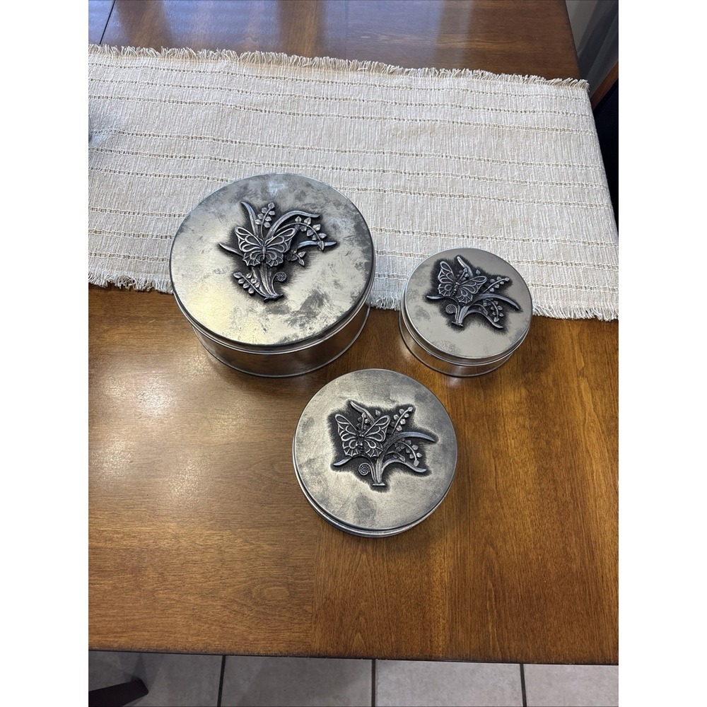 VTG Metzke Nesting Butterfly‎ Pewter Tins Set Of 3 Nature